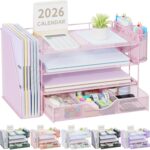 gianotter Desk Organizers and Accessories with File Holder, 4-Tier Desk Accessories & Workspace Organizers with Drawer and 2 Pen Holder, Paper Organizer for Office Supplies (Pink) - Image 2