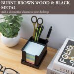 MyGift Modern Industrial Matte Black Metal Office Stationery Organizer with Sticky Note Holder, 2 Pen Storage Compartments and Rustic Burnt Solid Wood Base - Image 5