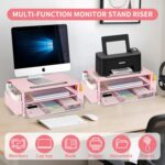 AUPSEN Pink Desk Organizers and Accessories, 2-Tier Wood Computer Monitor Stand with Drawer, Pen Storage & Phone Holder, Office Desk Accessories, Workspace Desktop Organization for Office Supplies - Image 5