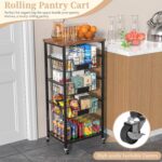 Kitchen Storage Cart, Kitchen Basket, 5-Tier Utility Organizer with Baskets and Wood Top, Rolling Snack Cart with Wheels, Metal Black - Image 5