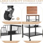 Kitchen Storage Cart, Kitchen Basket, 5-Tier Utility Organizer with Baskets and Wood Top, Rolling Snack Cart with Wheels, Metal Black - Image 6