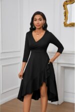 Womens Sexy Summer Midi Dress Casual Wrap V Neck 3/4 Sleeve Split Ruffle Hem Short Dresses with Pockets - Image 3