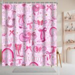 Pink Bow Western Shower Curtain Hot Pink Pretty Cute Bowknot Disco Cowgirl Shower Curtains for Teens Girls 72x72Inch Polyester Pink White Cow Print Trendy Bath Curtain Decor with 12Hooks - Image 3
