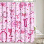 Pink Bow Western Shower Curtain Hot Pink Pretty Cute Bowknot Disco Cowgirl Shower Curtains for Teens Girls 72x72Inch Polyester Pink White Cow Print Trendy Bath Curtain Decor with 12Hooks - Image 6