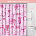 Pink Bow Western Shower Curtain Hot Pink Pretty Cute Bowknot Disco Cowgirl Shower Curtains for Teens Girls 72x72Inch Polyester Pink White Cow Print Trendy Bath Curtain Decor with 12Hooks - Image 7