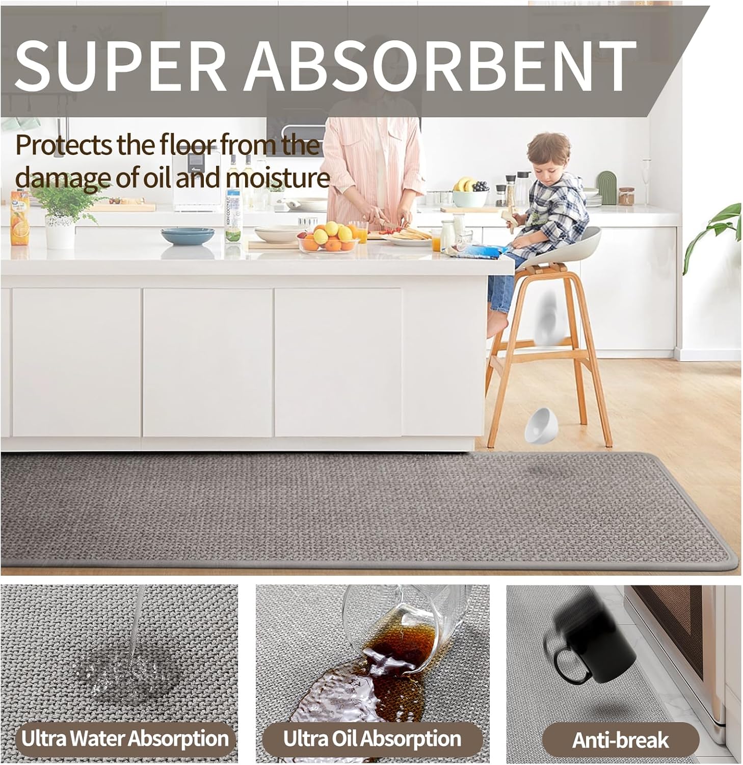 Corner Kitchen Rugs Non Slip Washable, Rubber Backed Circular Sector Kitchen Mats for Floor, Super Absorbent Imitation Linen Braided Kitchen Floor Mat for Sink Corner Areas (Gray, Radius 55") - Image 4