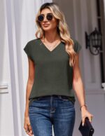 Zeagoo Womens Tops Cap Short Sleeve Textured Blouse V Neck Summer Spring Shirts Business Casual Outfits - Image 3