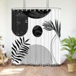 Boho Mid Century Leaf Shower Curtain Set,Arch Sun Design,Minimalistic Leaves Pattern,Waterproof and Luxurious Fabric-12 Hooks(Black-72" x 96") - Image 3