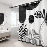 Boho Mid Century Leaf Shower Curtain Set,Arch Sun Design,Minimalistic Leaves Pattern,Waterproof and Luxurious Fabric-12 Hooks(Black-72" x 96") - Image 4