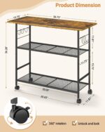 Kitchen Island with 3 Shelves, Rolling Kitchen Cart with 6 Hooks and Protective Shelf, Microwave Stand on Lockable Wheels, Bakers Rack Coffee Bar for Dining, Living Room, Outdoor, Metal Frame - Image 3