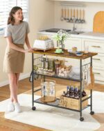 Kitchen Island with 3 Shelves, Rolling Kitchen Cart with 6 Hooks and Protective Shelf, Microwave Stand on Lockable Wheels, Bakers Rack Coffee Bar for Dining, Living Room, Outdoor, Metal Frame - Image 5