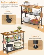 Kitchen Island with 3 Shelves, Rolling Kitchen Cart with 6 Hooks and Protective Shelf, Microwave Stand on Lockable Wheels, Bakers Rack Coffee Bar for Dining, Living Room, Outdoor, Metal Frame - Image 6