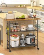 Kitchen Island with 3 Shelves, Rolling Kitchen Cart with 6 Hooks and Protective Shelf, Microwave Stand on Lockable Wheels, Bakers Rack Coffee Bar for Dining, Living Room, Outdoor, Metal Frame - Image 9