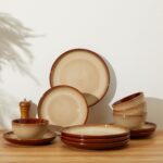 Stoneware Dinnerware Sets, Ceramic Plates and Bowls Set, Microwave & Dishwasher Safe Kitchen Dish Set, Modern Dinner Salad Plates | Cereal Bowls for 4, Dishware Sets Brown Yellow - Image 8