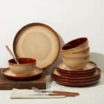 Stoneware Dinnerware Sets, Ceramic Plates and Bowls Set, Microwave & Dishwasher Safe Kitchen Dish Set, Modern Dinner Salad Plates | Cereal Bowls for 4, Dishware Sets Brown Yellow - Image 9