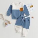 Toddler Baby Boy Fall Outfit Contrast Color Sweatshirt Tops with Elastic Waist Pants Cute Infant Newborn Winter Clothes - Image 3