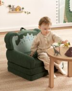 Blissful Diary Kids Couch, 2-in-1 Soft Toddler Couch Fold Out, Toddler Chair Comfy, Convertible Sofa to Lounger, Kids Furniture for Playroom, Gift for Birthday, Children's Day, Green Dinosaur - Image 3