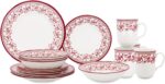 Tudor Royal Collection 16 Piece Round Dinnerware Set, Service for 4, Aster Pink Design, Red Floral, Plates Bowls Dishes, High Gloss Premium Quality - Image 5