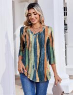 Zeagoo 3/4 Length Sleeve Womens Tops Casual V Neck Pleated Top Boho Floral Blouses Work Shirts - Image 3