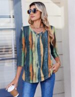 Zeagoo 3/4 Length Sleeve Womens Tops Casual V Neck Pleated Top Boho Floral Blouses Work Shirts - Image 4