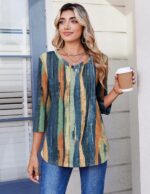 Zeagoo 3/4 Length Sleeve Womens Tops Casual V Neck Pleated Top Boho Floral Blouses Work Shirts - Image 5