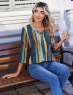 Zeagoo 3/4 Length Sleeve Womens Tops Casual V Neck Pleated Top Boho Floral Blouses Work Shirts - Image 6