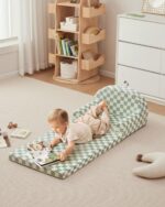 Blissful Diary Foldable Toddler Couch, 2-in-1 Comfy Toddler Chair & Lounger for Reading, Playroom, Kids Couch Sofa for Girls Boys Birthday Gift, Sage Checkered - Image 3