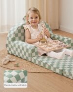 Blissful Diary Foldable Toddler Couch, 2-in-1 Comfy Toddler Chair & Lounger for Reading, Playroom, Kids Couch Sofa for Girls Boys Birthday Gift, Sage Checkered - Image 7
