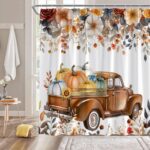 Fall Shower Curtain Autumn Pumpkin Truck Orange Floral Leaves Harvest Thanksgiving Fabric Bathroom Decor Sets with Hooks,71W x71H - Image 4