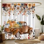Fall Shower Curtain Autumn Pumpkin Truck Orange Floral Leaves Harvest Thanksgiving Fabric Bathroom Decor Sets with Hooks,71W x71H - Image 5