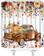 Fall Shower Curtain Autumn Pumpkin Truck Orange Floral Leaves Harvest Thanksgiving Fabric Bathroom Decor Sets with Hooks,71W x71H - Image 6