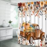 Fall Shower Curtain Autumn Pumpkin Truck Orange Floral Leaves Harvest Thanksgiving Fabric Bathroom Decor Sets with Hooks,71W x71H - Image 8
