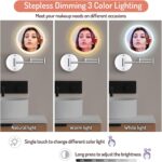 Rocollos Rechargeable Wall Mounted Lighted Makeup Mirror Chrome, 8 Inch Double-Sided LED Vanity Mirror 1X/10X Magnification,3 Color Lights Touch Screen Dimmable 360°Swivel 13 Inch Extendable - Image 4