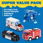 JOYIN 4 Packs Emergency Vehicle Toy Playsets, Friction Powered Vehicles with Light and Sound, Including Fire Truck, Ambulance, Play Police Car and Helicopter, Christmas Toddler Kids Boys Gifts - Image 4