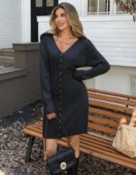 Women’s Sweater Dress Long Sleeve Button Down Dresses V Neck Short Mini Fall Winter Dress for 2025 Trendy - Image 3