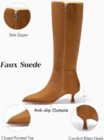 Coutgo Womens Knee High Boots Kitten Low Heel Pointed Toe Tall Boots Side Zipper Winter Dress Shoes - Image 6