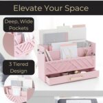 BLU MONACO Pink Wooden Desk Organizer With Storage Drawer and Gold Handle | Desktop Mail Sorter and Stationery Holder for Home Office | 4.6” x 12.4” x 7.5” Multi-Compartment Accessory Organizer - Image 4