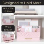 BLU MONACO Pink Wooden Desk Organizer With Storage Drawer and Gold Handle | Desktop Mail Sorter and Stationery Holder for Home Office | 4.6” x 12.4” x 7.5” Multi-Compartment Accessory Organizer - Image 5