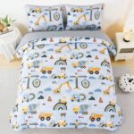 ANGIYUIN 5Pcs Yellow Construction Kids Comforter Set Full Size Rainbow Excavator Tractors Boys Bedding Set Soft Equipment Trucks Bed in A Bag with Sheets - Image 3