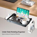 KDD Under Desk Organizer - 360° Rotating Clamp-On Tray with Headphone Hook, Phone & Tablet Holder, Cup Holder, and Cable Management - No Drilling Desk Storage Accessories for Office and Home - Image 3