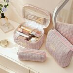 HBselect Quilted Makeup Bag, 3PCS Cotton Large Travel Makeup Bag, Cute Floral Coquette Make up Bag Cosmetic Bag Toiletry Bag for Women Girls - Image 4