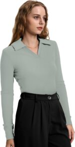 WIHOLL Womens Polo Shirts Long Sleeve Business Casual Tops Collared V Neck Ribbed Knit Sweater Slim Fit Blouses - Image 4