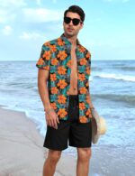 YTD Men's 2 Piece Outfits Tropical Print Short Sleeve Button Down Hawaiian Shirt and Beach Shorts Set - Image 3