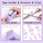 Purple Office Desk Accessories Supplies, 12pcs Desk Organizers and Accessories with Tape dispenser and Stapler,Staples,Staple Remover,Pen Holder,Scissor,Ruler,Sticky Tabs,Tape,Ballpoint Pen,Clips Set - Image 5