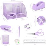 Purple Office Desk Accessories Supplies, 12pcs Desk Organizers and Accessories with Tape dispenser and Stapler,Staples,Staple Remover,Pen Holder,Scissor,Ruler,Sticky Tabs,Tape,Ballpoint Pen,Clips Set - Image 7