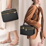 HXLGMD Double Layer Travel Makeup Bag Women, Cosmetic Organizer Case, Travel Essentials Accessories with Shoulder Strap for Bottles, Brushes, Conditioner, Skin Care Products, Black - Image 8