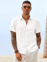 Runcati Mens Button Down Linen Shirt Short Sleeve Casual Vacation Shirts Summer Beach Wedding Tops with Pocket - Image 4