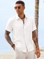 Runcati Mens Button Down Linen Shirt Short Sleeve Casual Vacation Shirts Summer Beach Wedding Tops with Pocket - Image 5