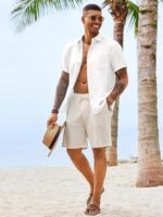 Runcati Mens Button Down Linen Shirt Short Sleeve Casual Vacation Shirts Summer Beach Wedding Tops with Pocket - Image 6