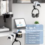 KDD 5 in 1 Desk Controller Holder - Rotating Headphone Hanger with Cup Holder - Clamp On Desk Organizer Holds Controller, Headphone, Cup, Mobile Phone and Pen(Black) - Image 3